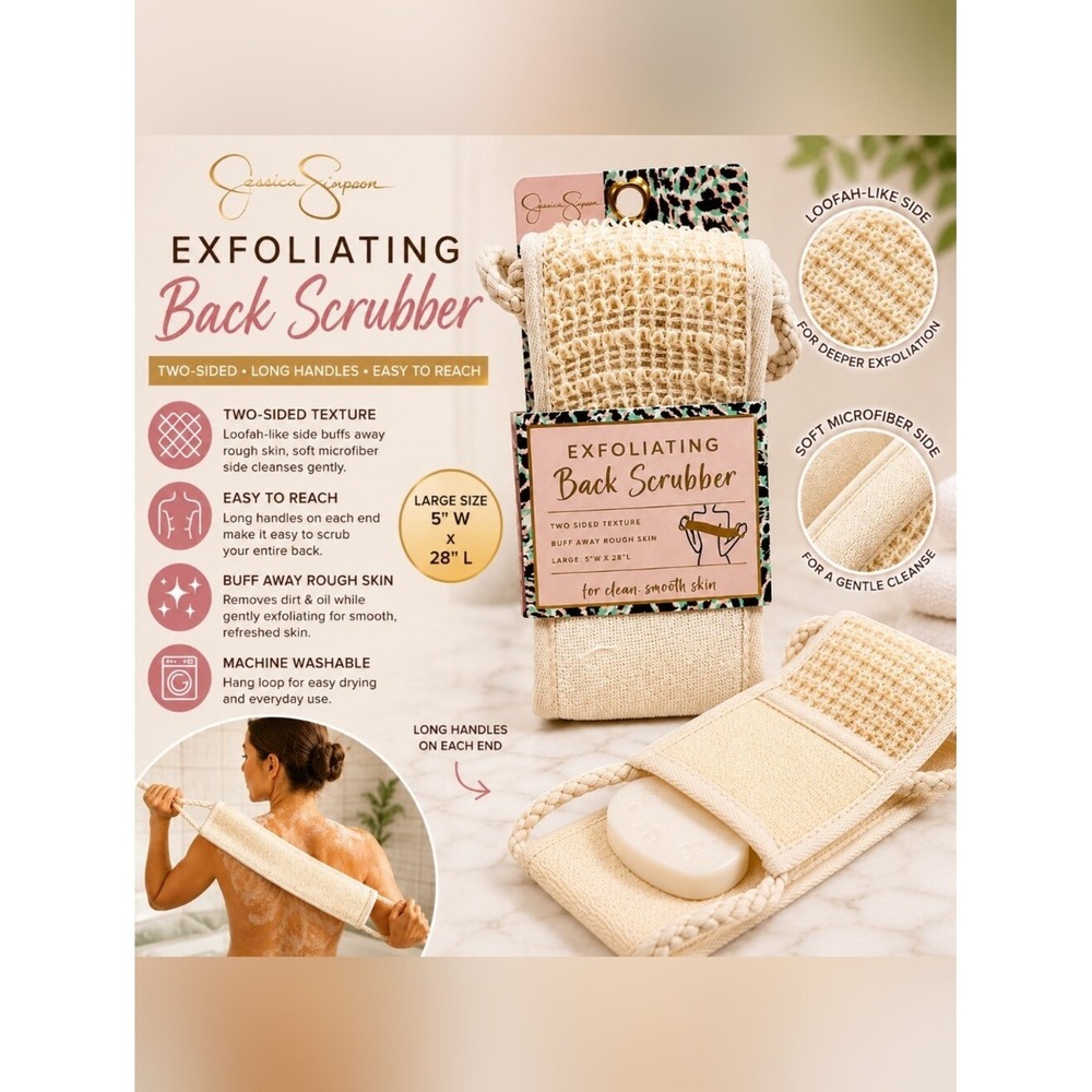 Jessica Simpson Natural Exfoliating Back Scrubber Two-Sided Long Handle Cream